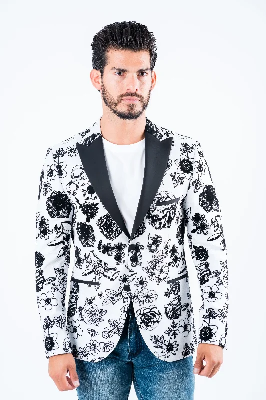 Men's Double Button White Woven Printed Blazer