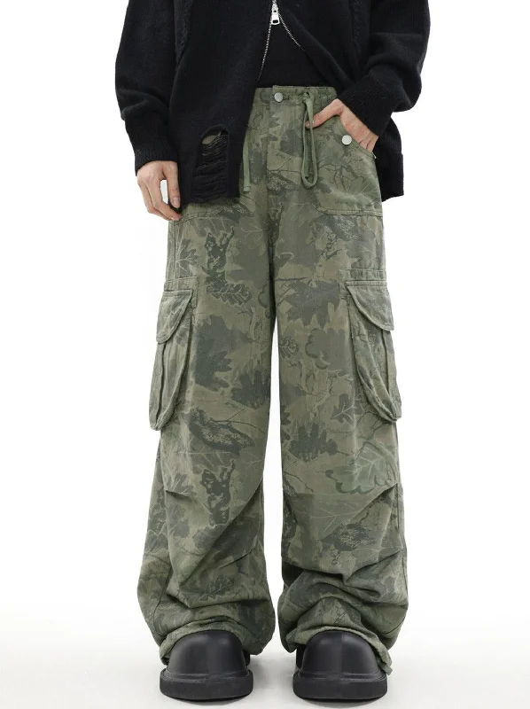 Leaf Camouflage Drawstring Cargo Pants