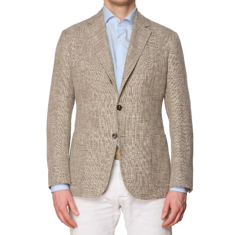 Sleek Casualwear Weekend Outfits SARTORIO Brown Wool-Cotton-Silk-Linen Hopsack Half Lined Jacket EU 54 US 44 Slim