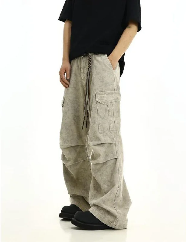 Washed Pleated Knee Cargo Pants