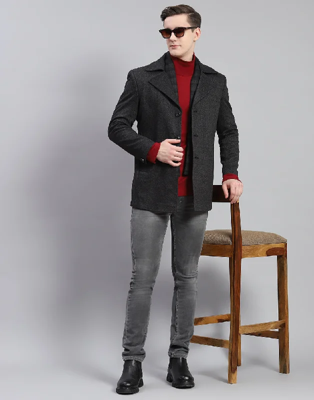 Men Grey Solid Lapel Collar Full Sleeve Coat